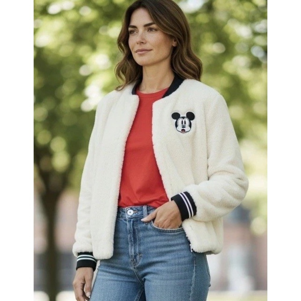 Disney Mickey Mouse Faux Fur Shrug Women M White Cropped Cardigan Jacket